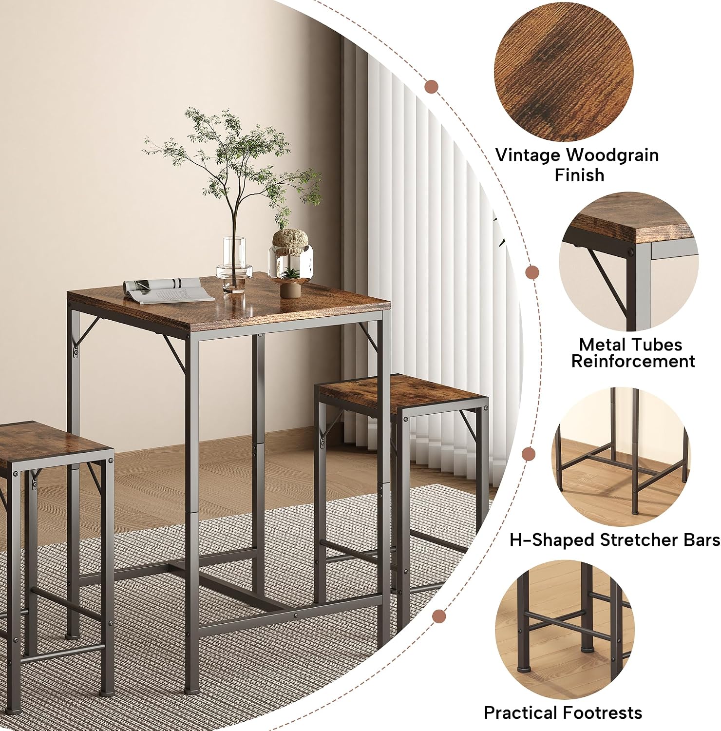 Homeiju Bar Table and Chairs Set, Square Bar Table with 2 Stools, Space-Saving Dining Pub Set for 2, Perfect for Kitchen, Breakfast Nook, Living Room & Small Spaces
