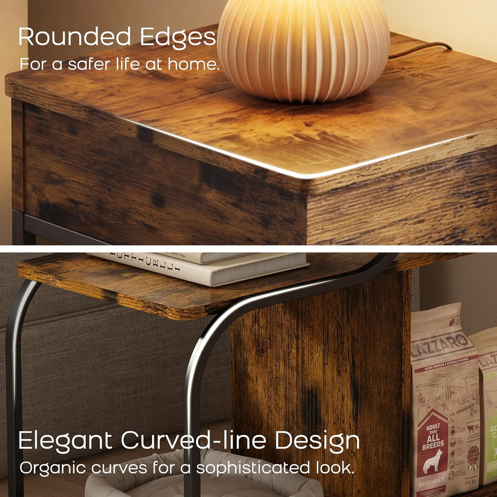 End Table with Charging Station, 3-Tier Sofa Side Table Sliding Top for Livin...