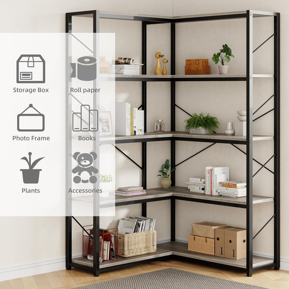 Shintenchi 5 Tier Corner Bookshelf, L Shaped Large Bookcase, Grey