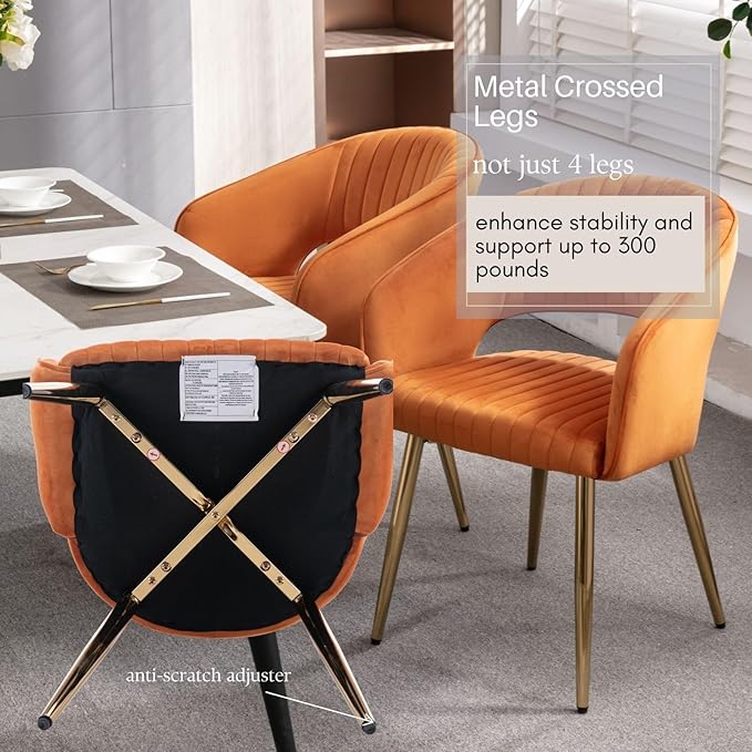 Orange Velvet Dining Chairs Gold Legs, Modern Dining Room Chairs with Arms Set of 6 Upholstered Accent Chair Armchair with Barrel Back for Kitchen Living Room