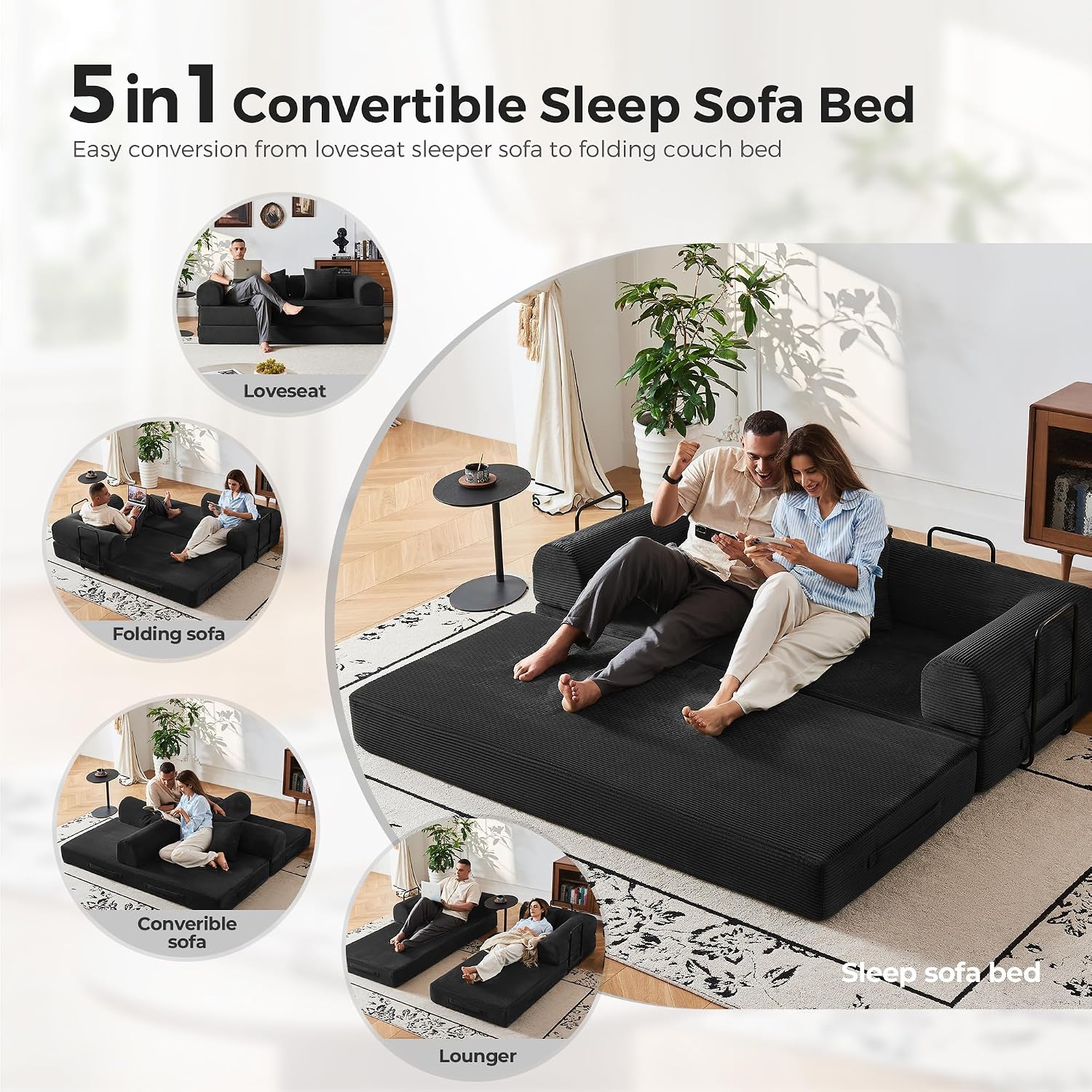 79" Convertible Sofa Bed, Boneless Couches for Living Room | Corduroy Futon Sofa Bed with Pocket Springs, Modular Sleeper Couch in a Box, No Assembly, Black