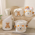 Large Blanket Baskets for Living Room, Teddy Bear Baskets Toy Storage Basket, 14" x 14" Woven Cotton Rope Basket for Kids, Toys Organizer Clothes Hamper with Embroidery, Teddy Bear Nursery Decor