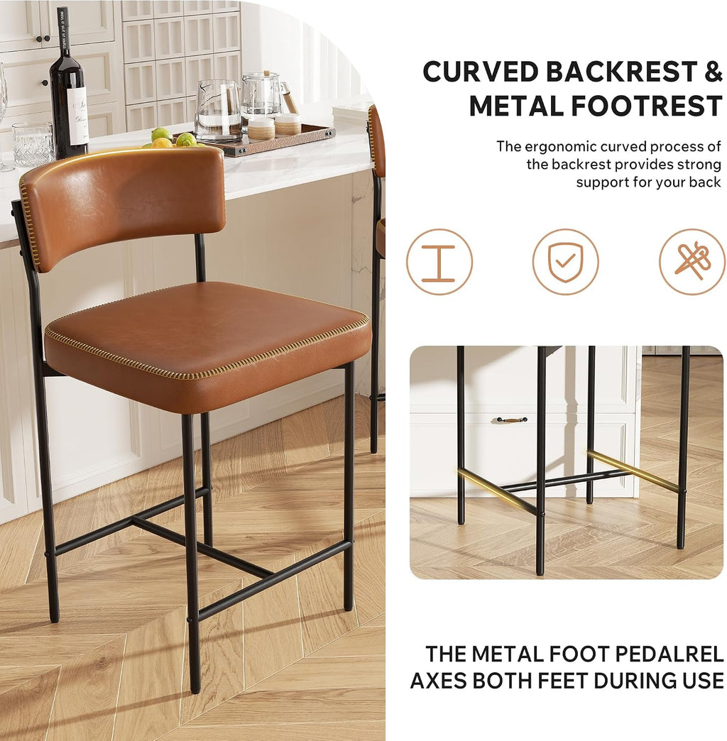 Bar Stools Set of 4, Faux Leather Counter Height Barstools with Curved Back, 25 Inch Upholstered Bar Chairs, Modern Counter Stools for Kitchen lsland, Caramel