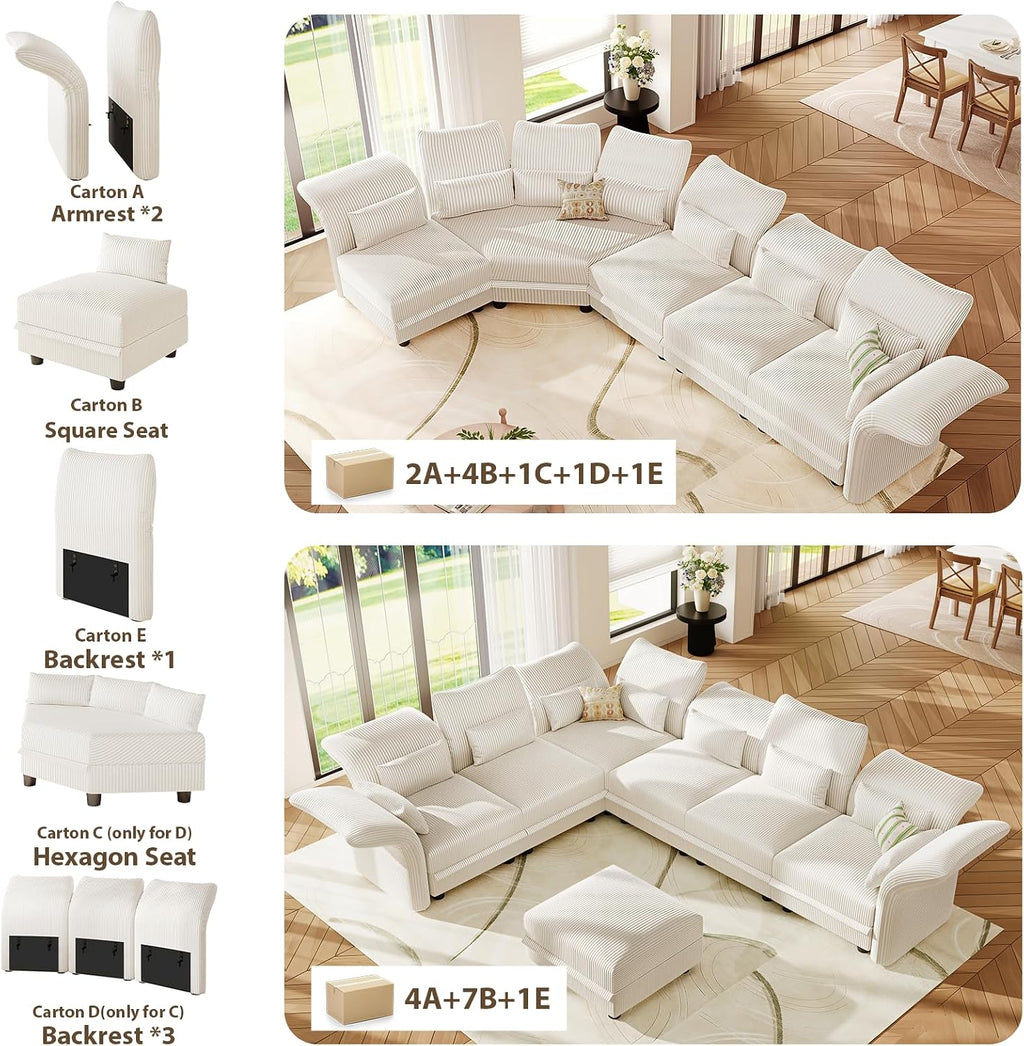LLappuil L Shaped Curved Sectional Sofa with Storage & Extra Large Hexagon Seat, Beige Corduroy Modular Sectional Sofa for Living Room with Adjustable Arms & Backs, 6 Seat