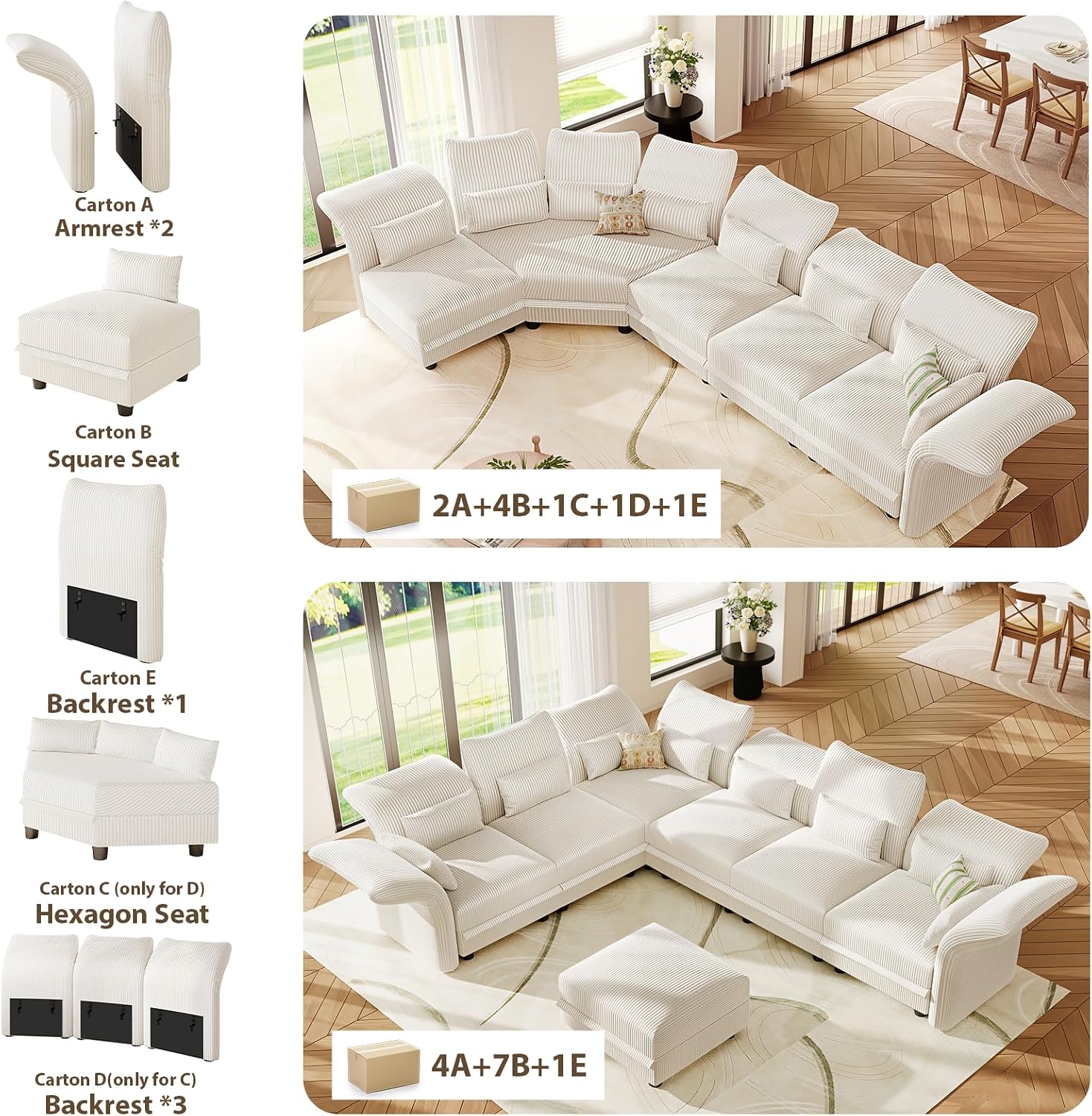 LLappuil L Shaped Curved Sectional Sofa with Storage & Extra Large Hexagon Seat, Beige Corduroy Modular Sectional Sofa for Living Room with Adjustable Arms & Backs, 6 Seat