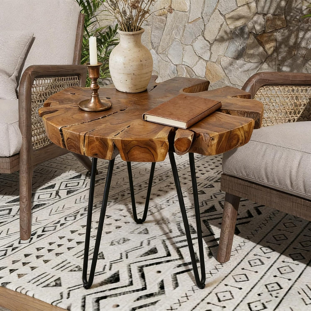 DUHOME Natural Live Edge Side Table - One-of-a-Kind Solid Wood Slab with Uniq...
