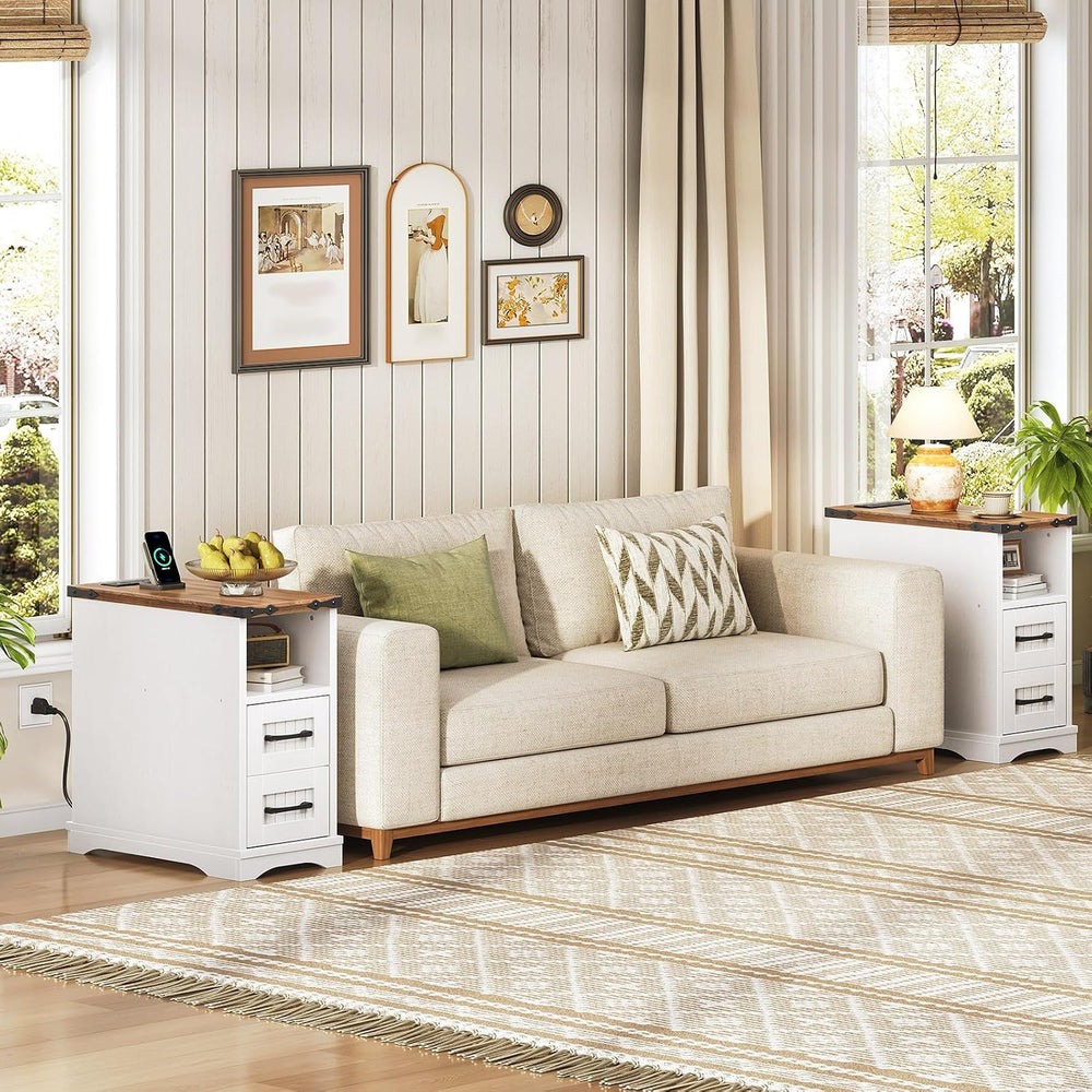 HOOBRO Narrow End Table with Drawers, Farmhouse Nightstand with Charging Stat...