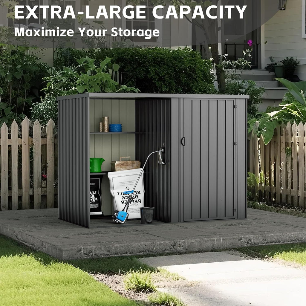 2 in 1 Metal Outdoor Storage Shed with Firewood Rack, 8×4 FT Lockable Waterproof Garden Tool Shed with Shelves, Open & Enclosed Dual-Storage Backyard Patio Shed with Sloped Roof (No Floor)