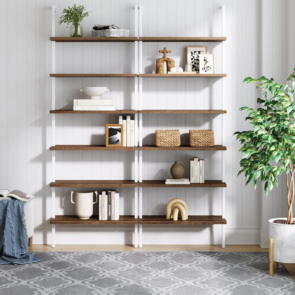 Nathan James Theo 6-Shelf Tall Bookcase, Wall Mount Bookshelf with Natural Wo...