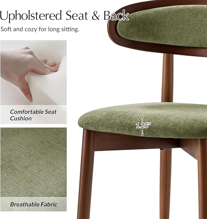 HULALA HOME Dining Chairs Set of 6 Mid-Century Modern Fabric Upholstered Dining Room Chairs Kitchen Side Chair with Open Curved Back, Walnut Rubber Wood Legs, Dinner Chairs for Living Room, Olive