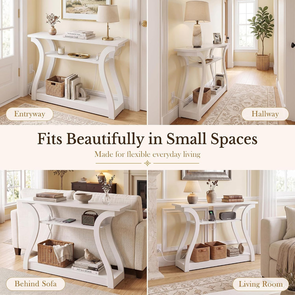 SUPER DEAL 47 in Wood Console Table with Charging Station, 3 Tier Narrow Entryway Table with Curved Frame and 2 Open Storage Shelves Accent Sofa Table for Hallway Living Room Bedroom, White