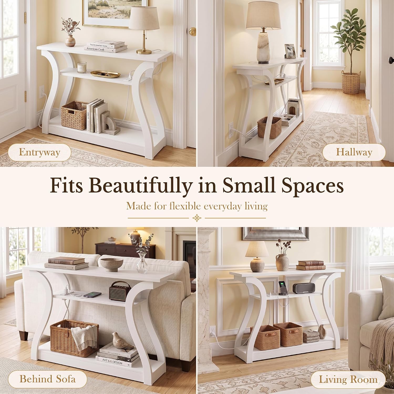 SUPER DEAL 47 in Wood Console Table with Charging Station, 3 Tier Narrow Entryway Table with Curved Frame and 2 Open Storage Shelves Accent Sofa Table for Hallway Living Room Bedroom, White