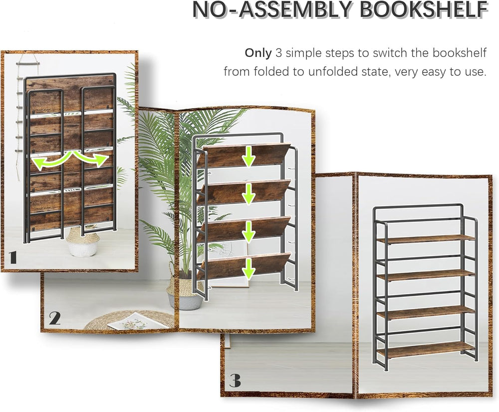 4NM No Assembly Extra Wide 4 Tier Folding Bookshelf Storage Shelves Vintage B...
