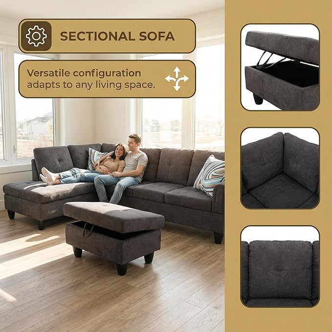 3-Piece L-Shaped Modular Leather Sofa – Convertible Sectional Couch with Movable Chaise & Storage Ottoman, Multi-Scene Use for Living Room, Apartment & Office, Dark Brown