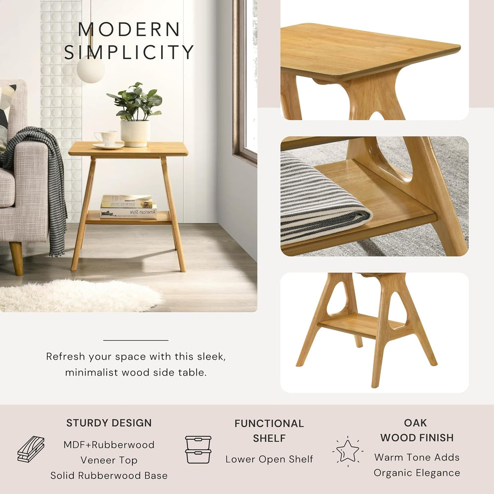 Roundhill Furniture Arona Mid-Century Modern Wood Shelf End Table, Natural Oa...