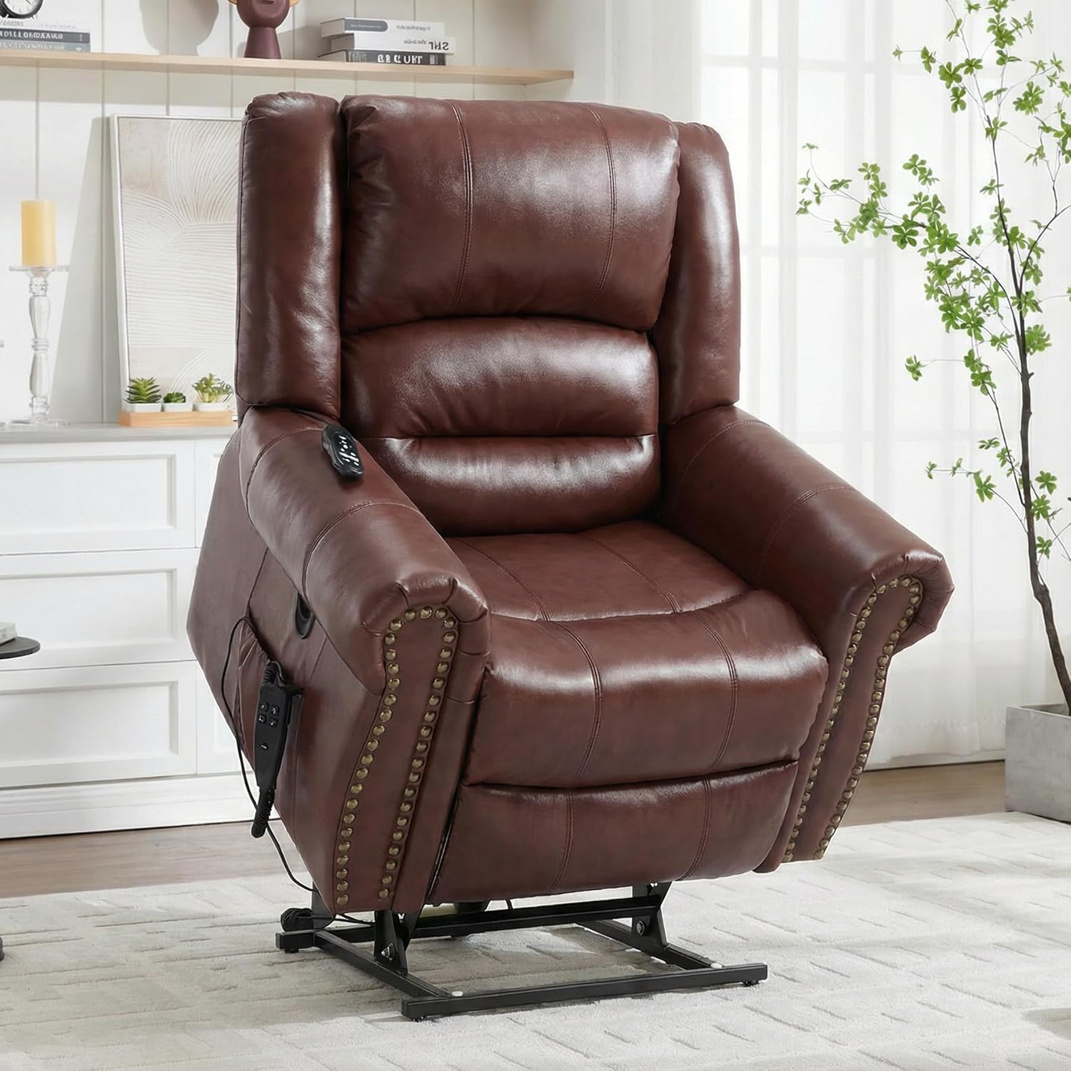 Genuine Leather Power Lift Recliner Chair, Lazy Boy Recliner Chair with Charging Ports for Living Room Theater Seating, Electric Single Sofa with Round Armrest, Red