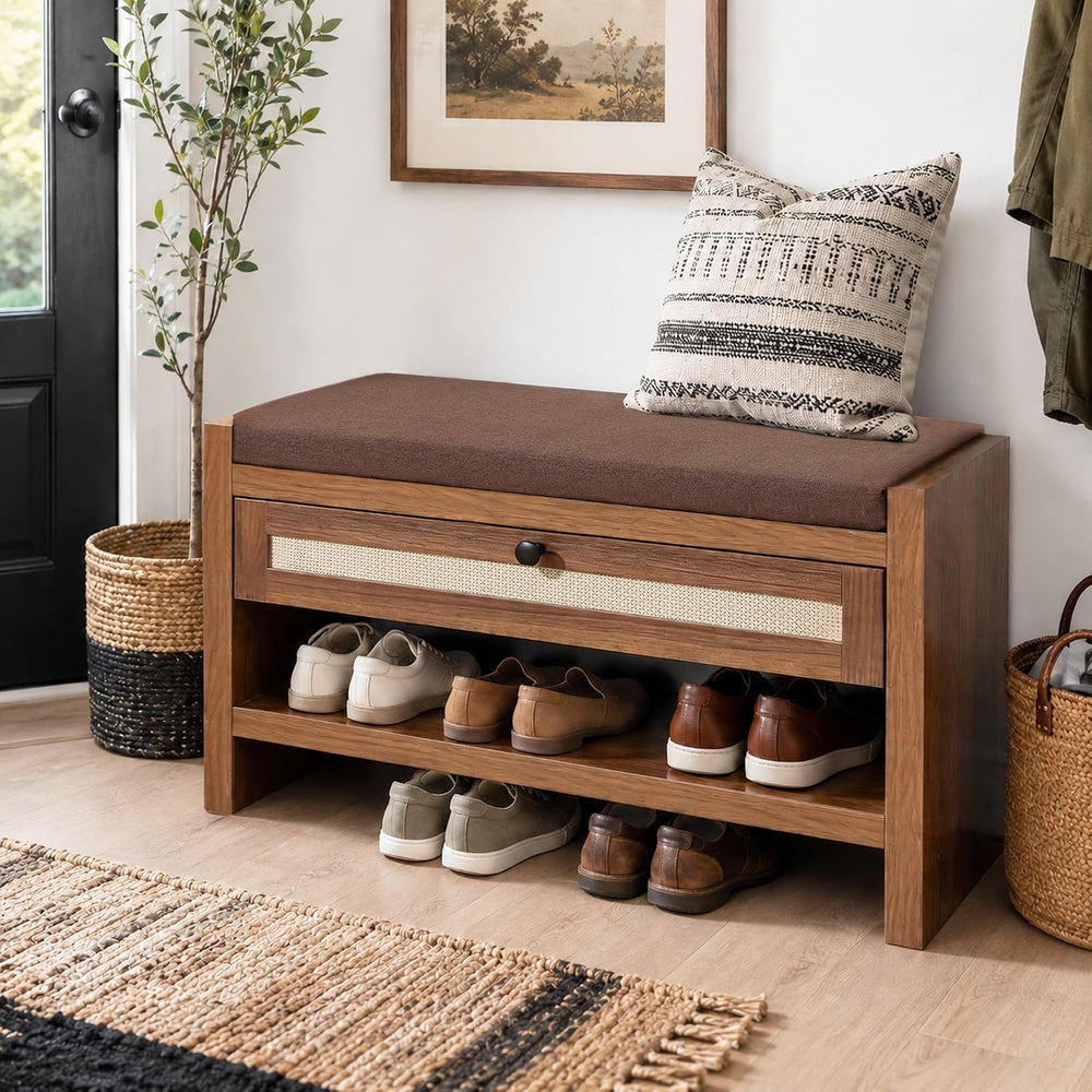 VipDesk Rattan Shoe Bench with Storage Drawer and Cushion Seat, Walnut Wood E...