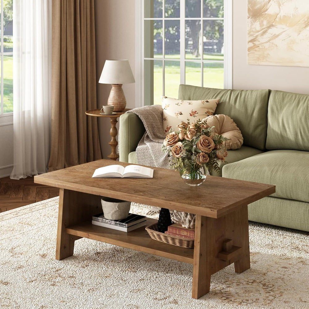 Farmhouse Wood Coffee Table - 43.4" Rectangle Coffee Table Solid Wood Ta...