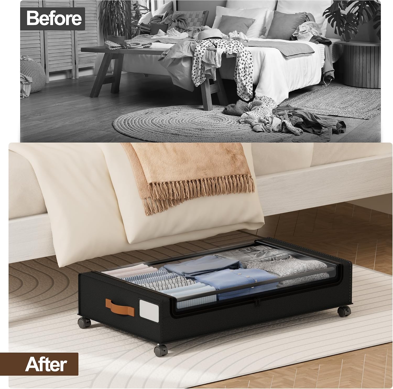 LAMU Under Bed Storage with Wheels, 4Pack Underbed Storage Containers,Black | Smooth-rolling Wheels, Clear Lid & Label, Sturdy Metal Frame, Easy Install, Rolling Storage Drawers for Clothes, Shoes, Toys