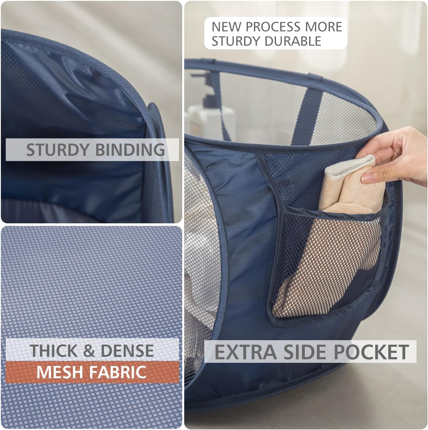 HONOMA Sturdy Mesh Laundry Hamper Basket Bag,Pop up Basket with Side Pocket for Laundry Room, Bathroom, Kids Room, College Dorm or Travel (Pop Horizontal, Navy Blue)