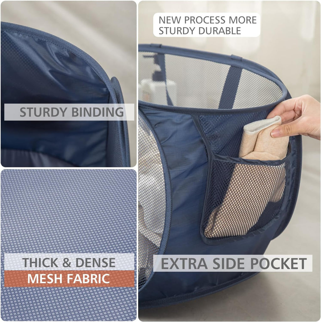 HONOMA Sturdy Mesh Laundry Hamper Basket Bag,Pop up Basket with Side Pocket for Laundry Room, Bathroom, Kids Room, College Dorm or Travel (Pop Horizontal, Grey + Grey)