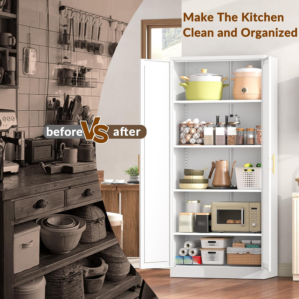 BESFUR 71" Tall White Kitchen Pantry Cabinet, Metal Food Storage Cabinet...