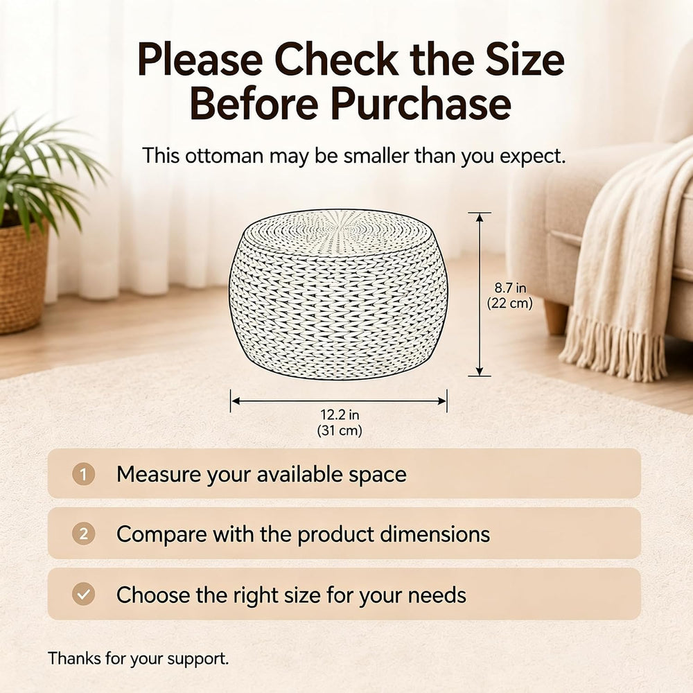 Small Straw Pouf Ottoman, Low Natural Footrest, Dia: 12.2" | Natural, Ec...