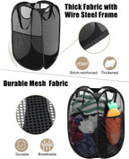 2 Pcs Strong Mesh Pop-up Laundry Hamper, Quality Pop Up Hampers for Laundry with Durable Handles Solid Bottom High Carbon Steel Frame, Easy to Open and Fold Flat for Storage(Black)