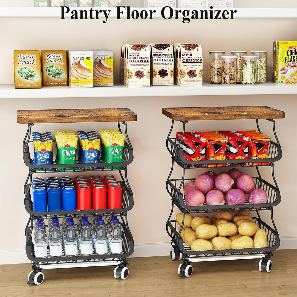 SAYZH 4-Tier Fruit and Vegetable Basket Stand for Kitchen, Wood Top, Black | ...