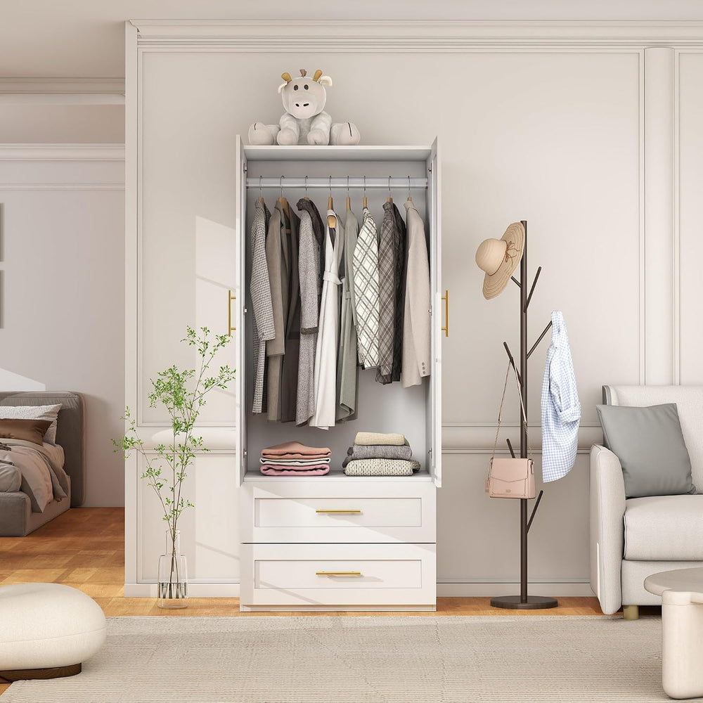 White Wardrobe with 2 Doors: 75" Tall Armoire Wardrobe Closet with 2 Dra...