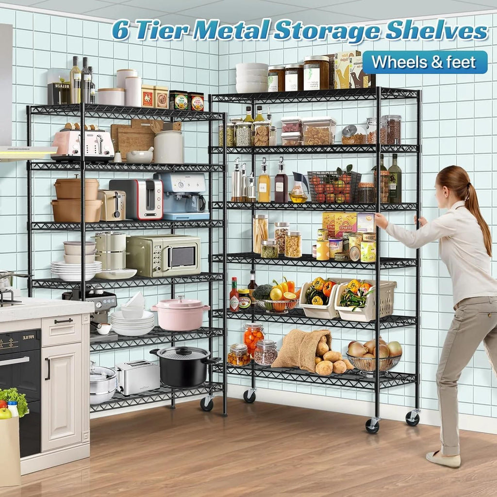 6 Tier Metal Shelving 6000Lbs Capacity Storage Shelves Heavy Duty Shelving Unit NSF Certified with Wheels and Adjustable Feets Commercial Grade Utility Shelf, 48"x 18"x 76" Wire Rack, Black
