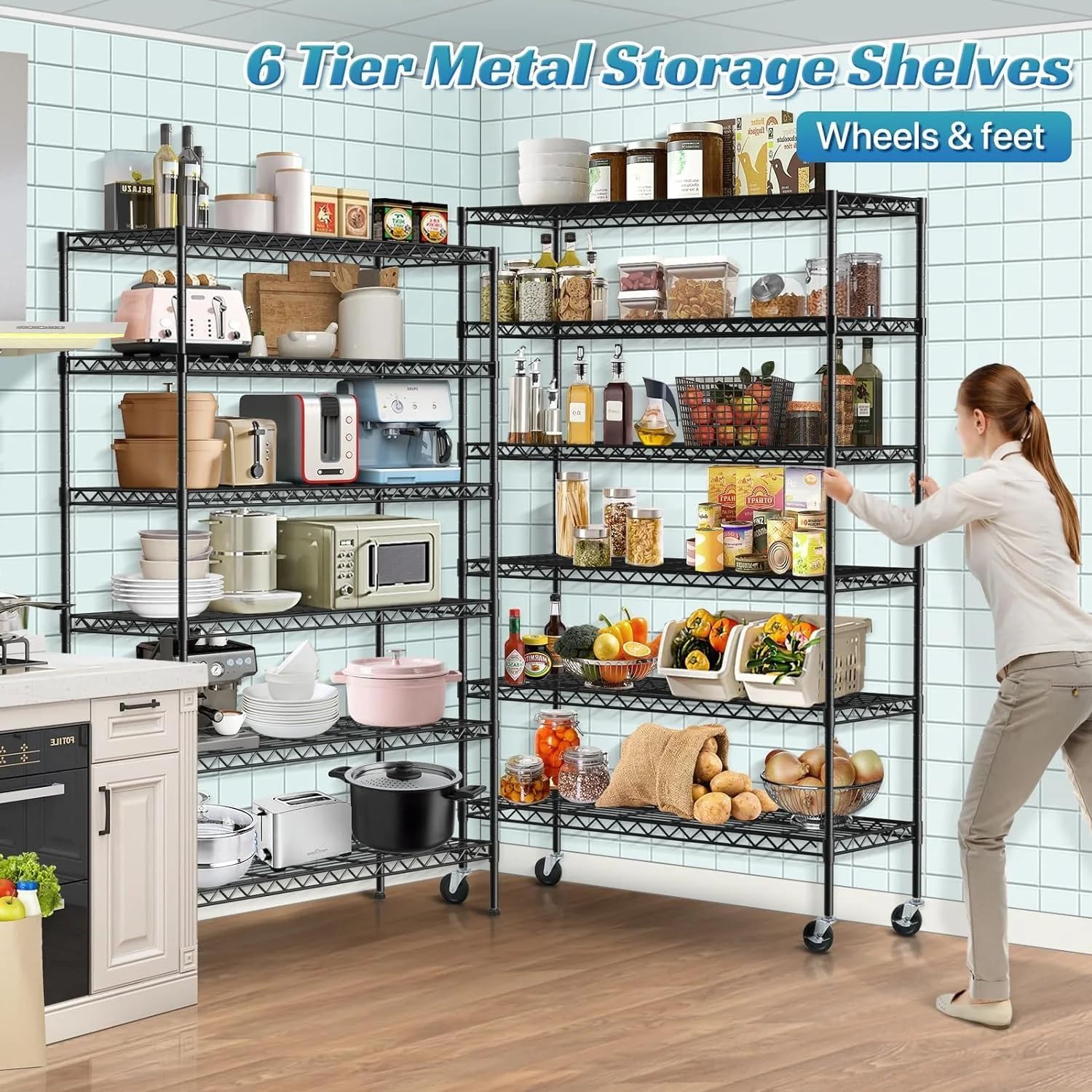 6 Tier Metal Shelving 6000Lbs Capacity Storage Shelves Heavy Duty Shelving Unit NSF Certified with Wheels and Adjustable Feets Commercial Grade Utility Shelf, 48"x 18"x 76" Wire Rack, Black
