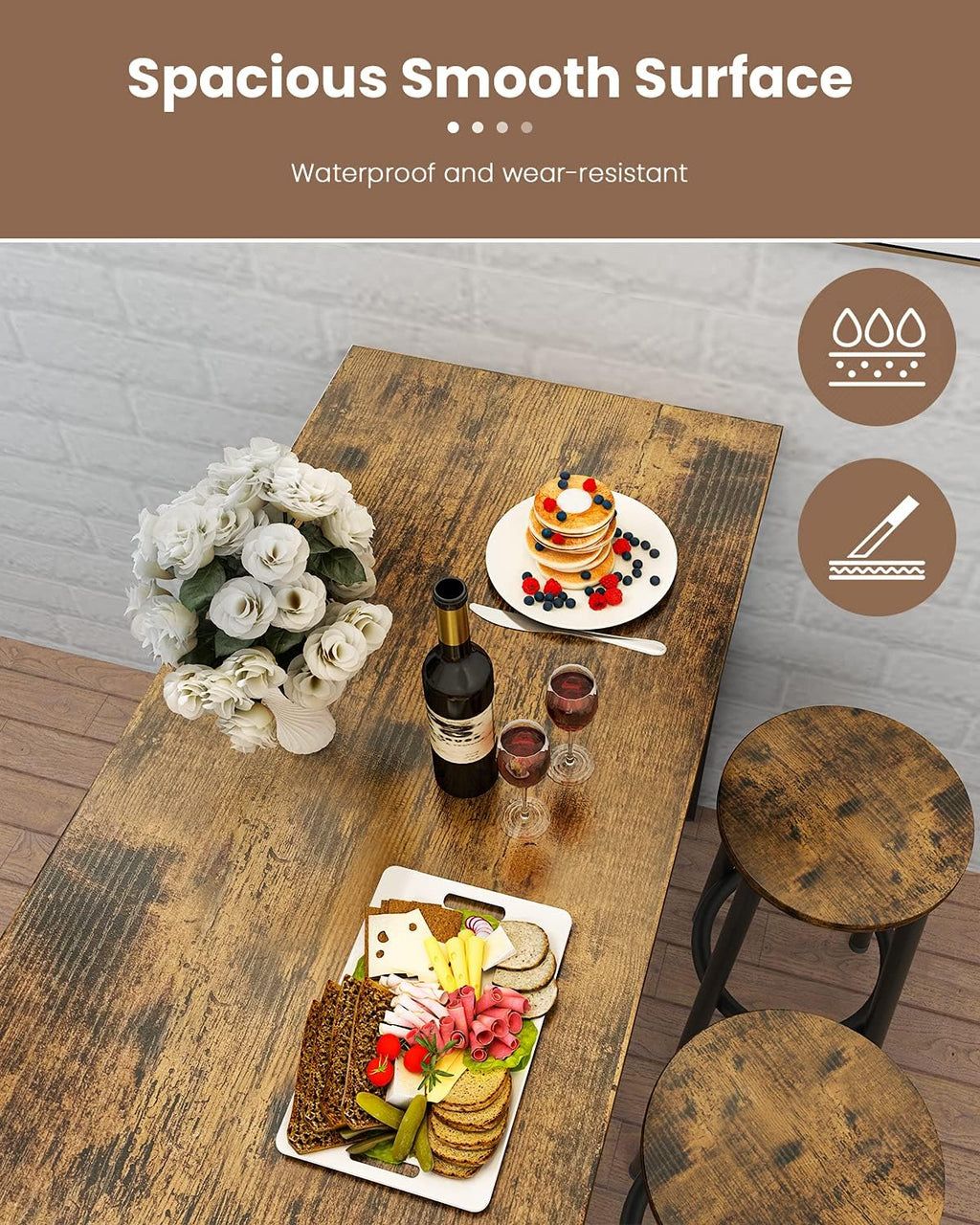 Recaceik 3 Piece Pub Dining Set, Modern bar Table and Stools for 2 Kitchen Counter Height Wood Top Bistro Easy Assemble for Breakfast Nook Living Room Small Space Restaurant, Rustic Brown 39