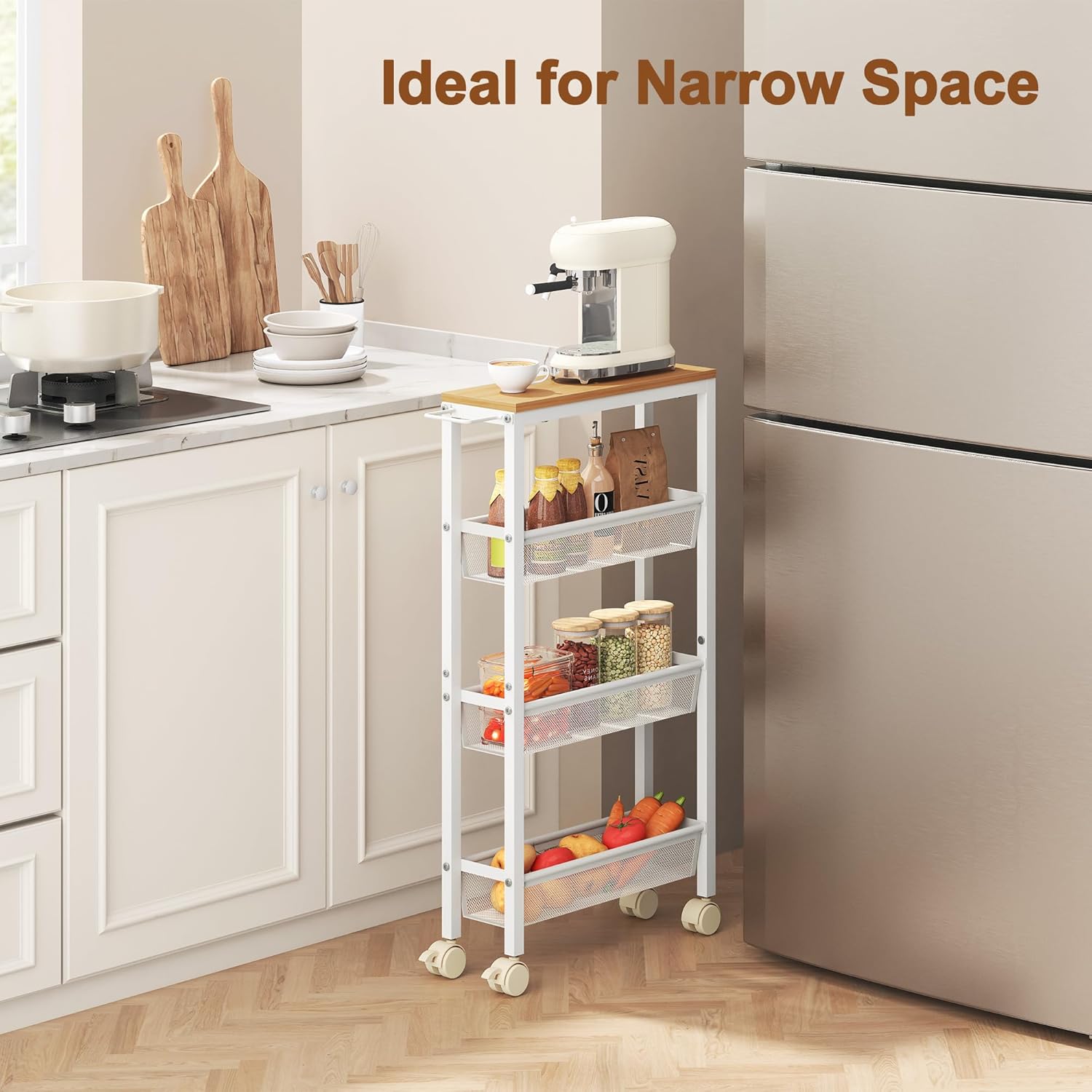 Hoctieon Slim Rolling Storage Cart, 4-Tier Narrow Kitchen Storage Cart with Handle & Wheels, Mobile Shelving Unit, Wooden Top & Metal Frame, Utility Cart for Kitchen, Small Spaces, Oak Beige