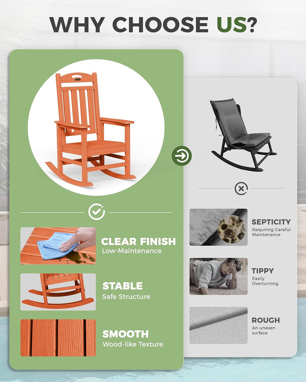 Oversized Outdoor Rocking Chair, High Back Porch Rocker Chair, HDPE All Weath...