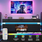 LIKIMIO Black TV Stand for TVs 85 inch, Entertainment Center with Power Outlets & LED Lights, TV Media Console Table with Cabinets, Drawers and Open Storage Shelves, Modern TV Stand for Living Room