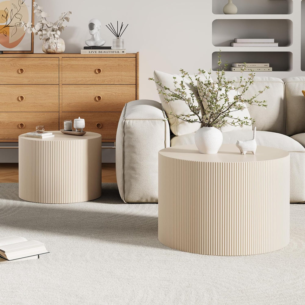 Round Coffee Table Set of 2, Modern Wooden Beige Nesting Coffee Tables for Li...