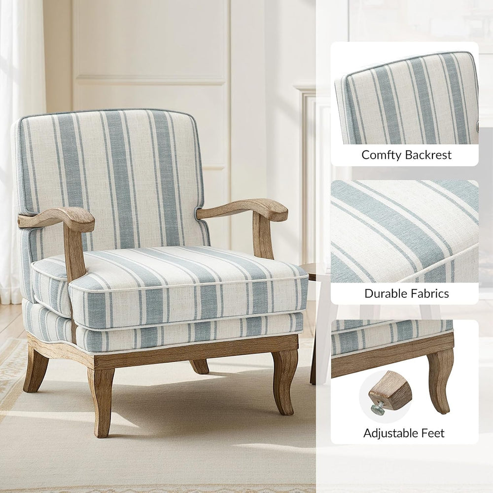 HULALA HOME Farmhouse Striped Accent Chair with Solid Wood Legs, Blue | Comfy...