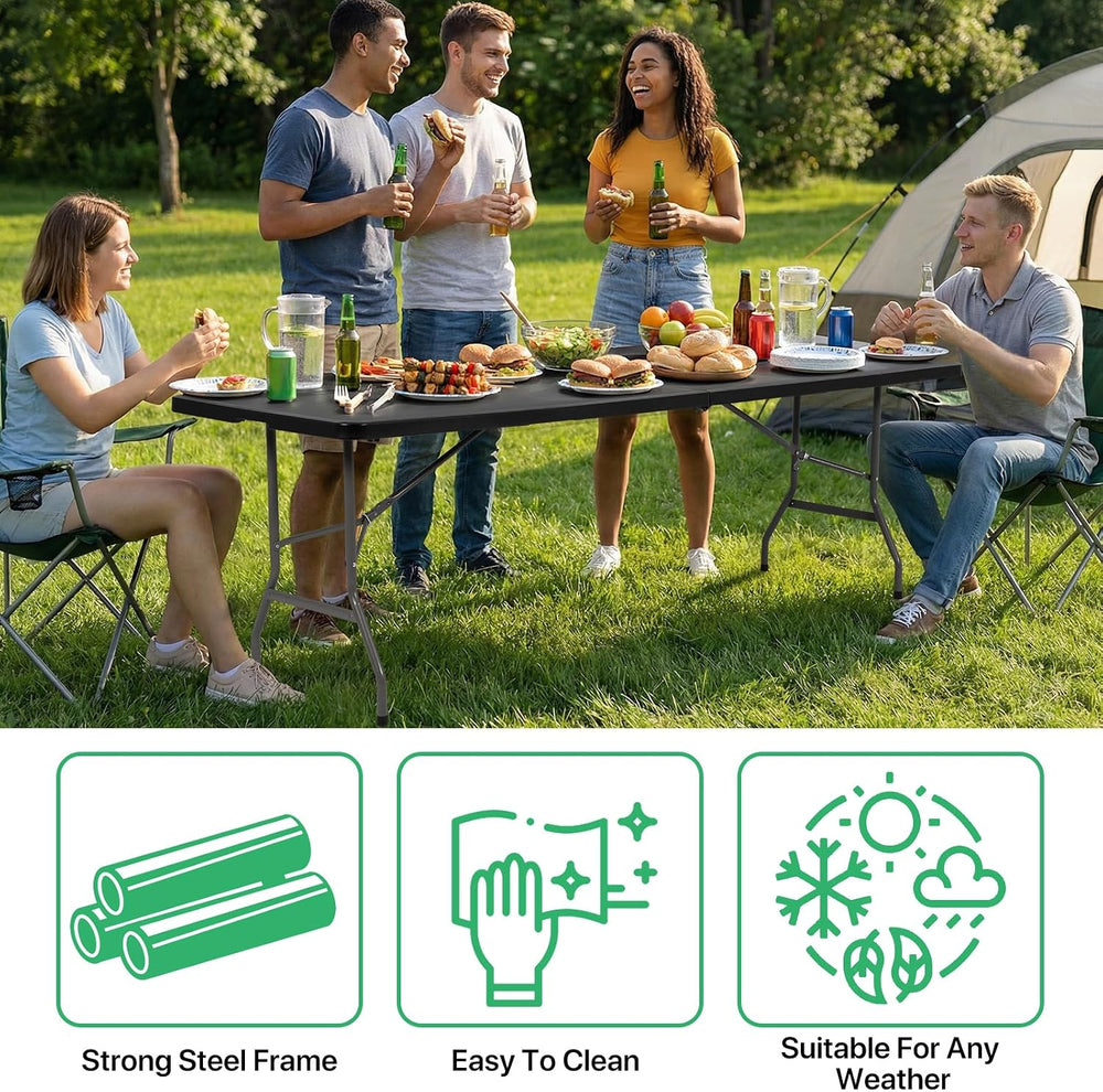 8Ft Folding Table Plastic Portable with Built in Handle & Steel Legs Blac...