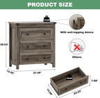 Dresser for Bedroom with 3 Drawers, Small Chests of Drawers, 27.55" Wide Farmhouse Wood Nightstand Bedside Cabinet End Table, Modern Closet Storage Organizer for Living Room, Entryway, Hallway, Grey