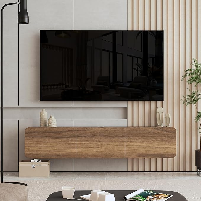 Atelier Mobili Floating TV Stand Wall Mounted - Modern Media Console for 65-80 inch TVs Walnut/Black Marble