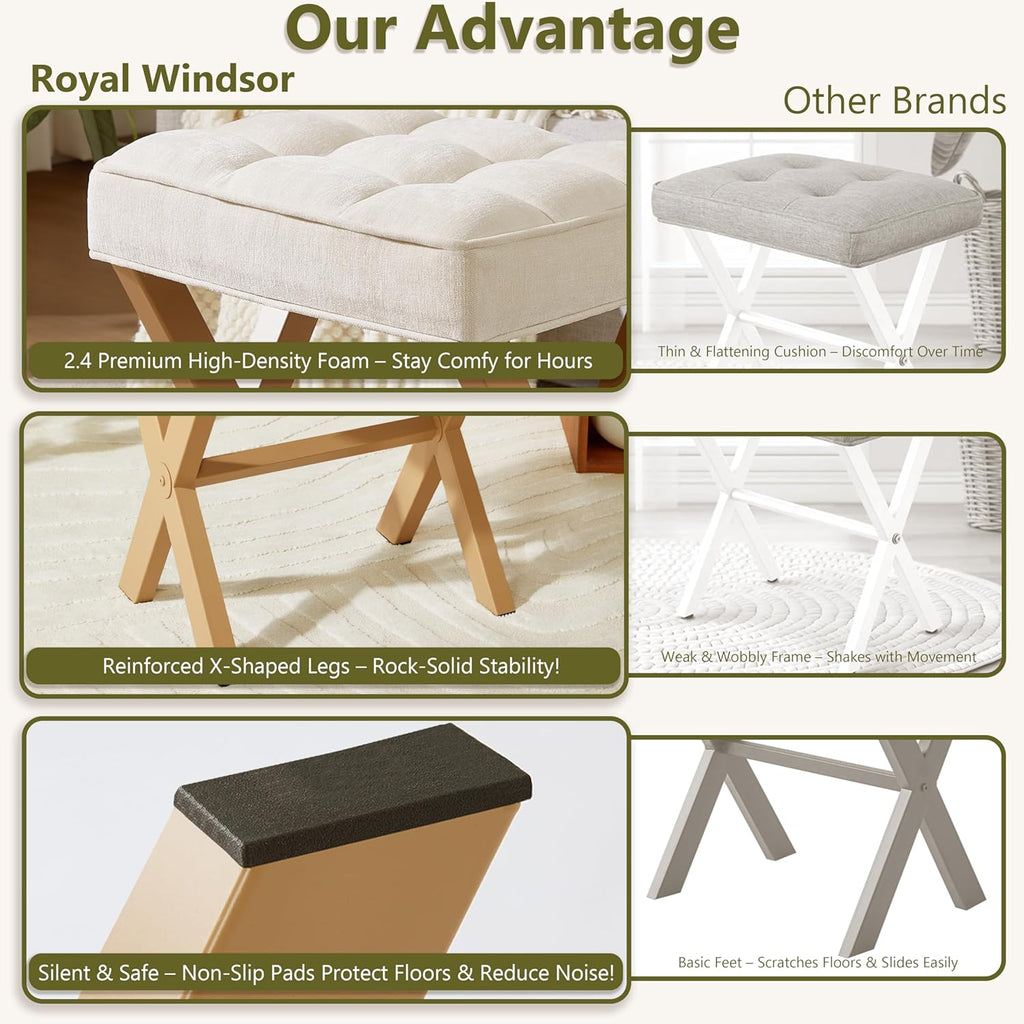 Royal Windsor Vanity Stool,Square Ottoman Stool Foot Rest,Upholstered Vanity Chair Foot Stool with Metal X Legs, Small Vanity Seat for Entryway,Bedroom and Living Room,Linen Beige