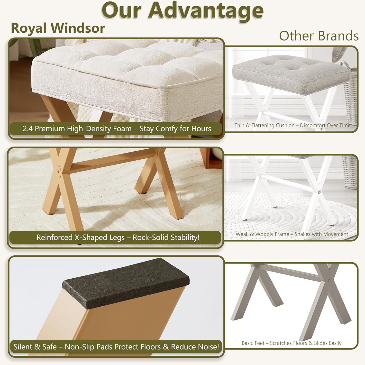 Royal Windsor Vanity Stool,Square Ottoman Stool Foot Rest,Upholstered Vanity Chair Foot Stool with Metal X Legs, Small Vanity Seat for Entryway,Bedroom and Living Room,Linen Beige