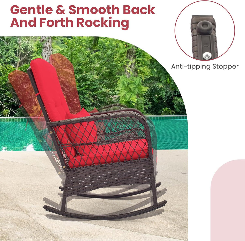 ORALNER 3 Pieces Patio Rocking Chair Set, Wicker Bistro Set (Red) | Outdoor Furniture, Rattan Rocker Set, Cushions, Pillows, Glass Coffee Table, for Balcony Front Porch Poolside Garden Deck