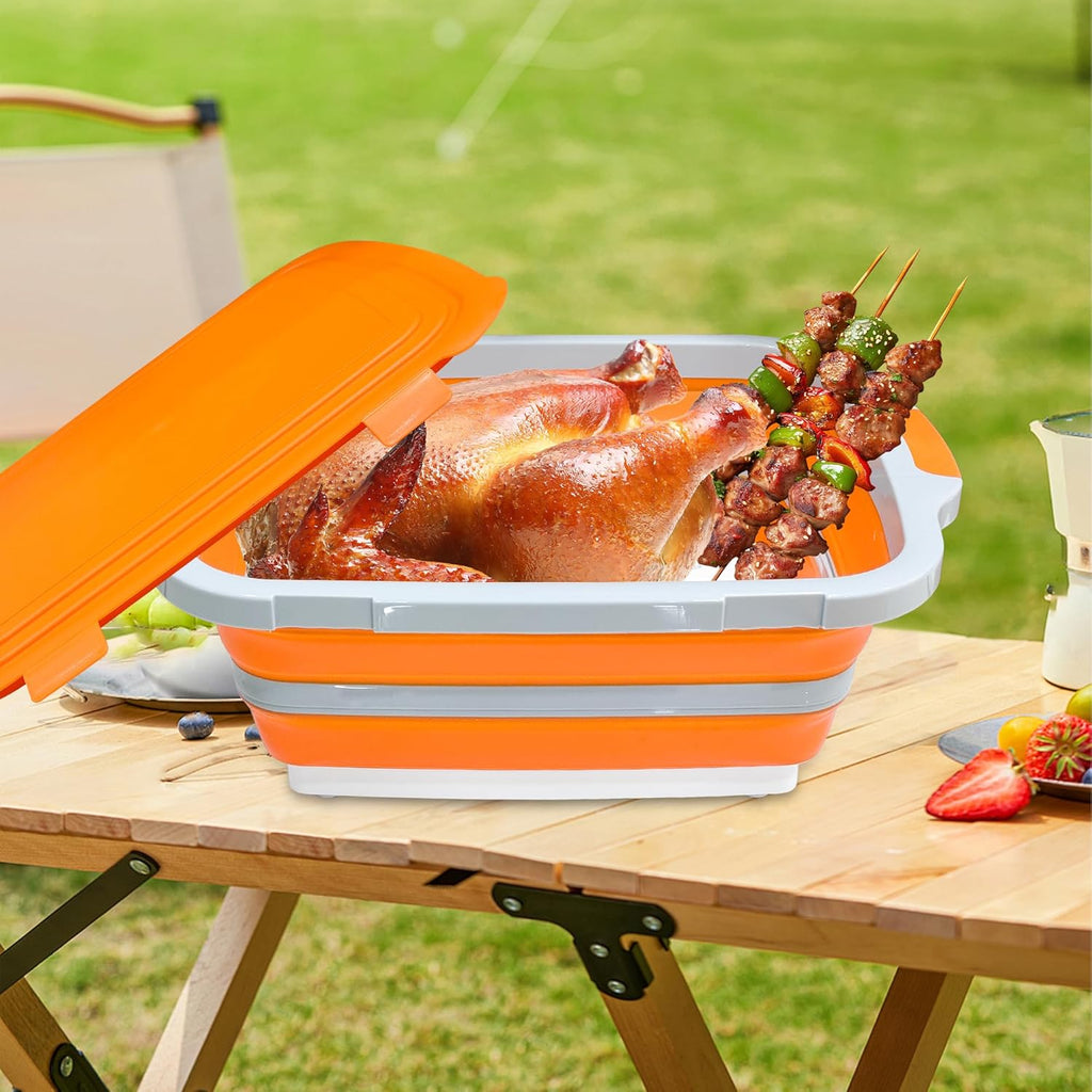 8L/16L BBQ Prep Tub with Cutting Board, Lid & Complimentary Mitts/Gloves – Collapsible Bucket for BBQ, Marinade, Picnic, Camping, Meat Prep – Orange/Black (Orange, X-Large Lid Lock)