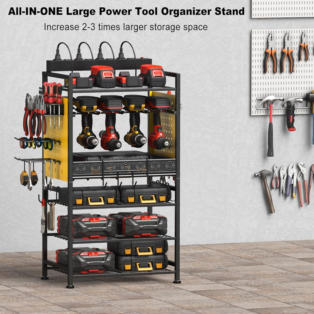 JUNNUJ Power Tool Organizer Floor Stand with Charging Station, Garage Adjustable Storage Rack Utility Tool Shelf with 8 Outlet Power Strip, Heavy Duty Drill and Battery Holder, Yellow