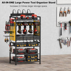 JUNNUJ Power Tool Organizer Floor Stand with Charging Station, Garage Adjustable Storage Rack Utility Tool Shelf with 8 Outlet Power Strip, Heavy Duty Drill and Battery Holder, Yellow