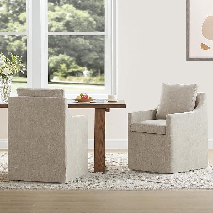 Upholstered Dining Chairs Set of 4, Washable Cover Modren Deskchair with 4 Casters & Hidden Storage for Dining Room, Living Room, Home Office, Sand, 4 Box