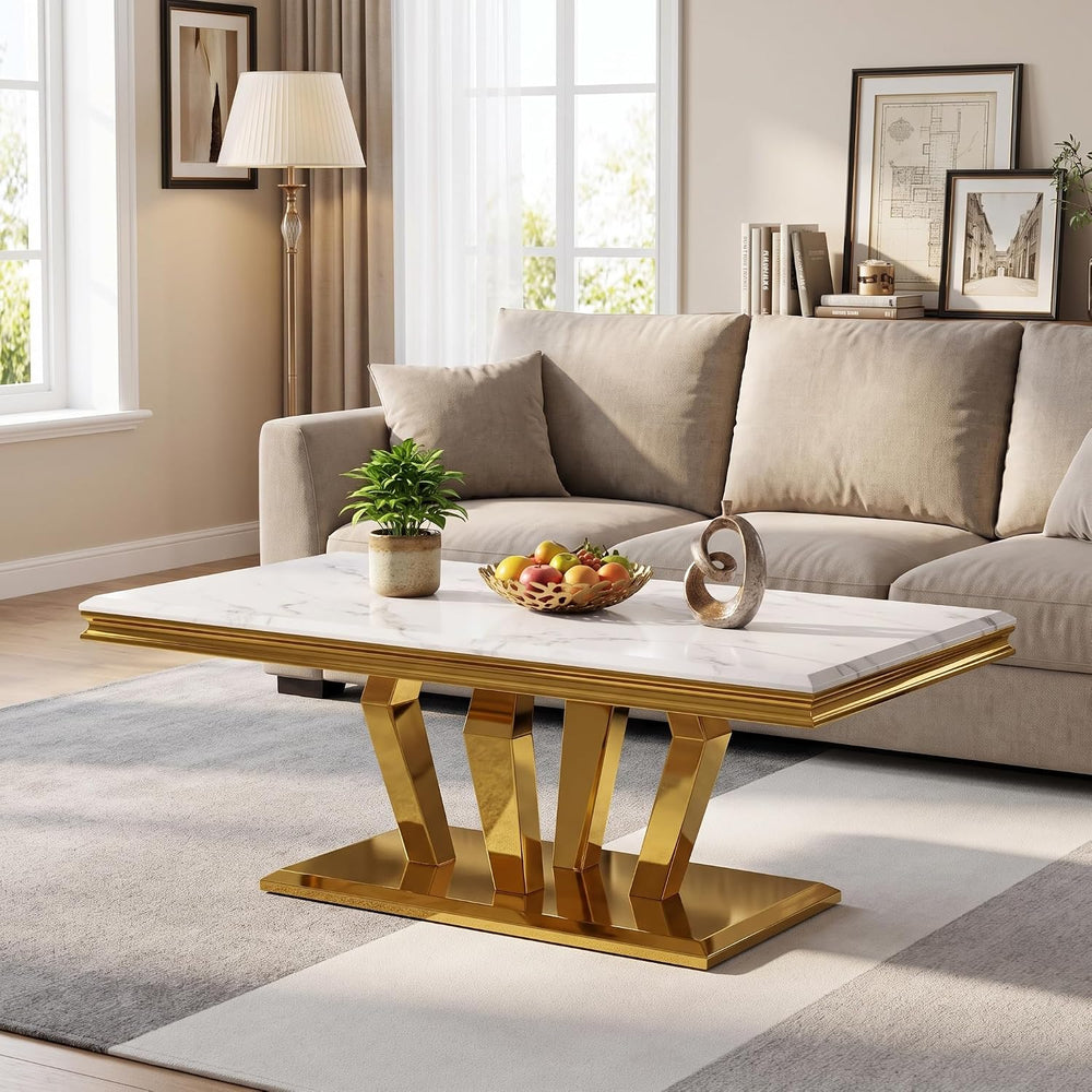Asday White Coffee Table Set of 3, Gold Polished Geometric Metal Base | Luxur...