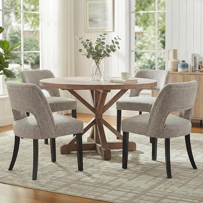 keoni Wooden Dining Chairs Set of 4, Mid Century Modern Upholstered Dining Room Chairs with Black Wood Legs, Fabric Farmhouse Kitchen Chairs with Foot Pegs for Dining Room, Light Gray